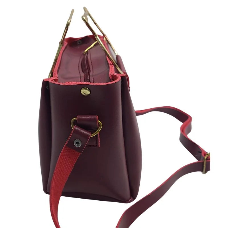 Maroon Elegant Cat Handle Handbag for Girls & Ladies | Stylish Shoulder & Crossbody Bag with Gold Accents | Adjustable Strap Elegant Cat Handle Handbag for Girls