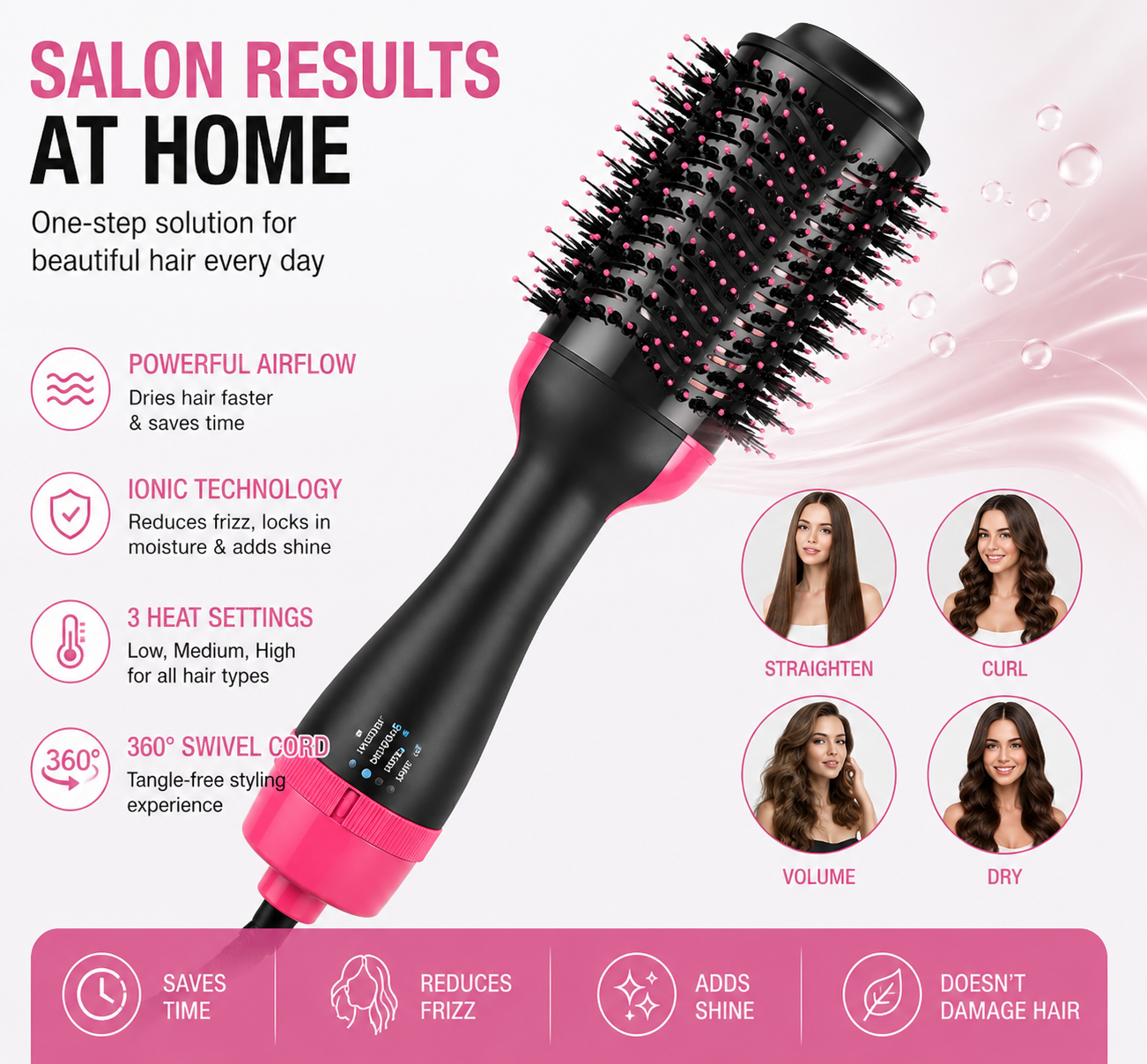 Hot Air Brush 3-in-1 Hair Dryer & Styler | Anti-Frizz Volumizing Tool