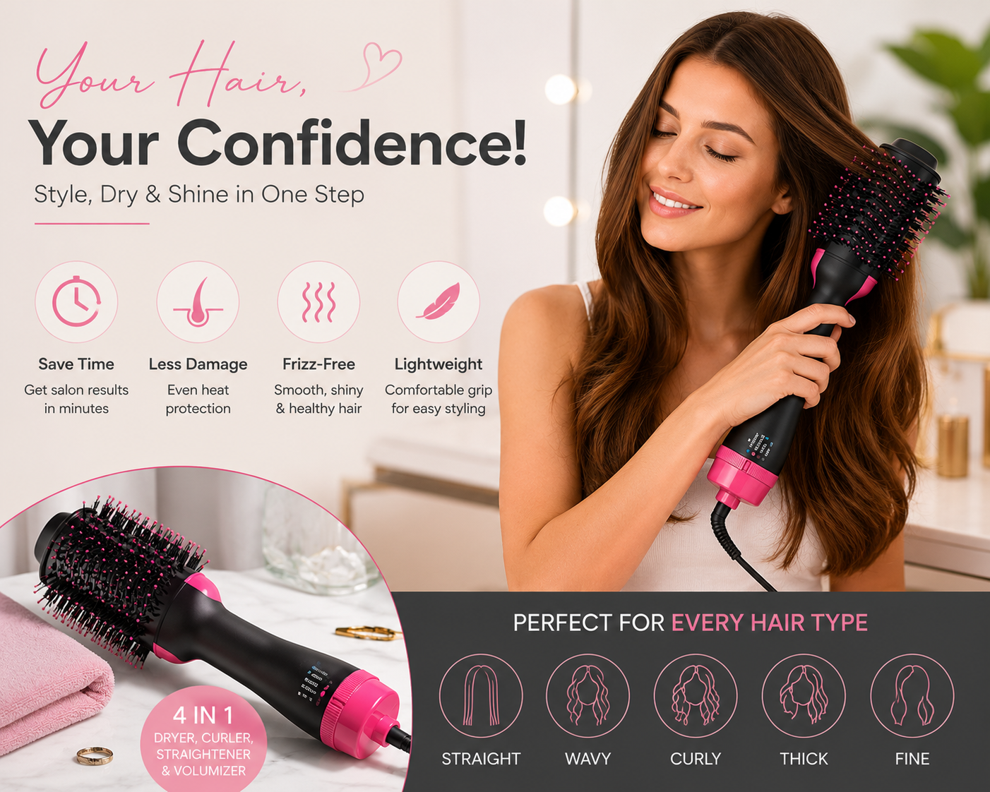 Hot Air Brush 3-in-1 Hair Dryer & Styler | Anti-Frizz Volumizing Tool
