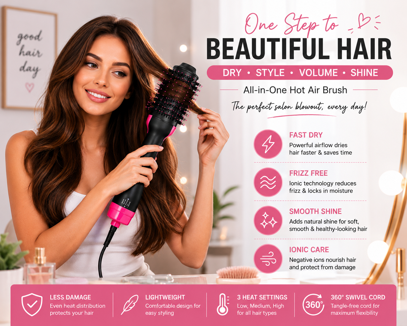 Hot Air Brush 3-in-1 Hair Dryer & Styler | Anti-Frizz Volumizing Tool