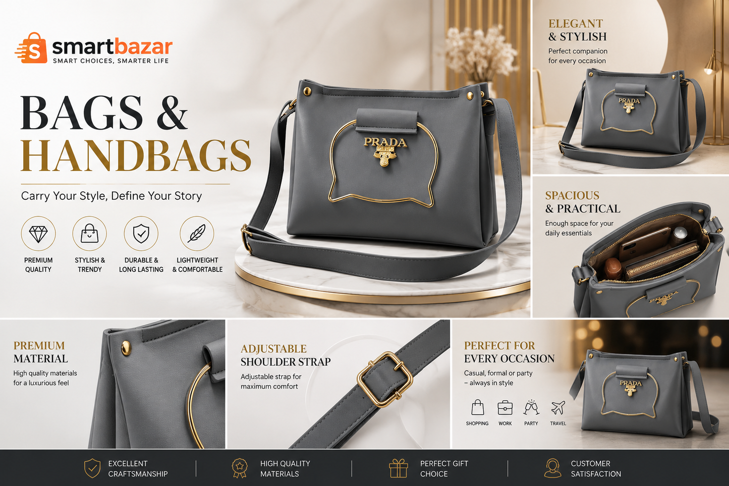 Gray Elegant Cat Handle Handbag for Girls & Ladies | Stylish Shoulder & Crossbody Bag with Gold Accents | Adjustable Strap