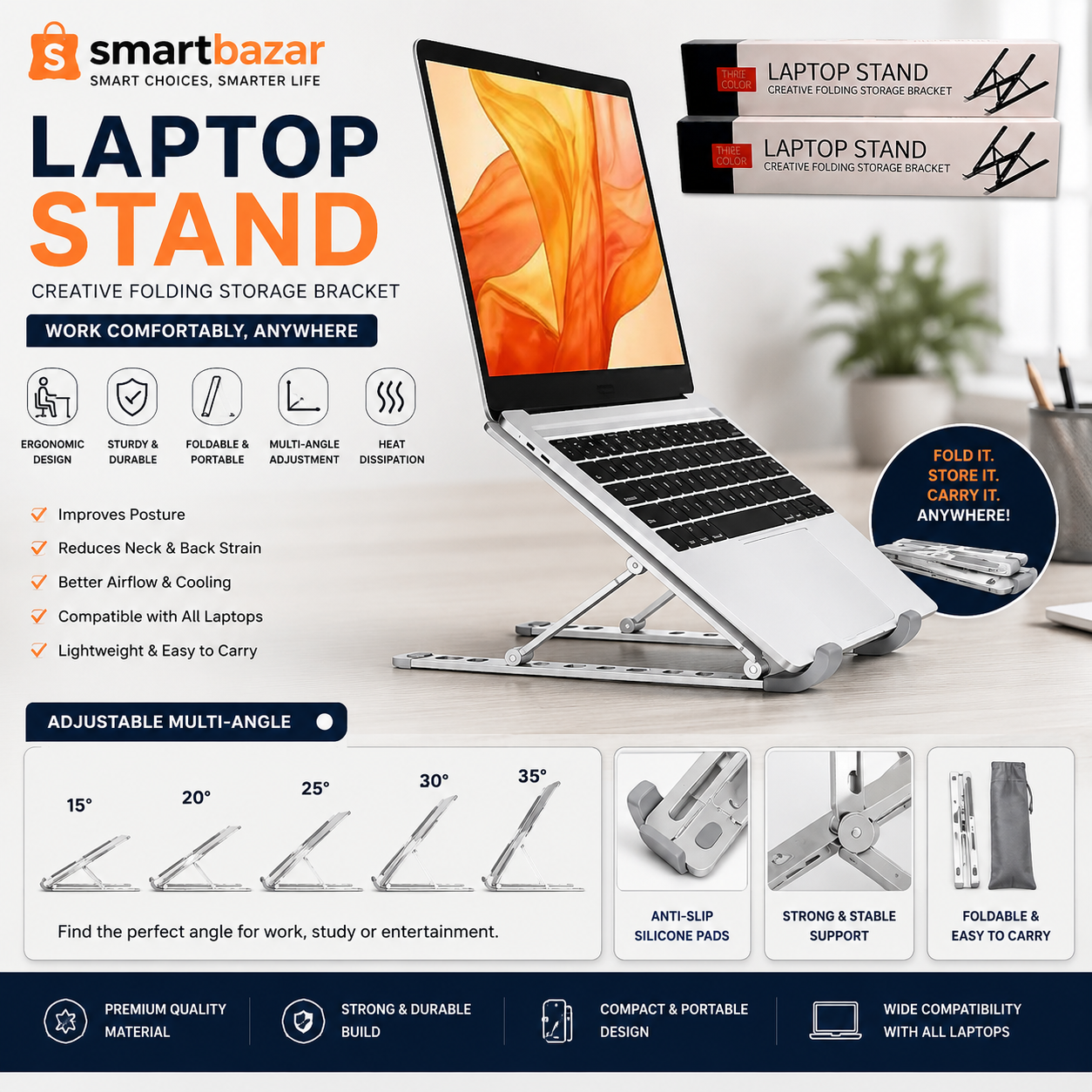 Plastic Foldable & Portable Laptop Stand | Lightweight Adjustable Laptop Holder | High-Quality ABS