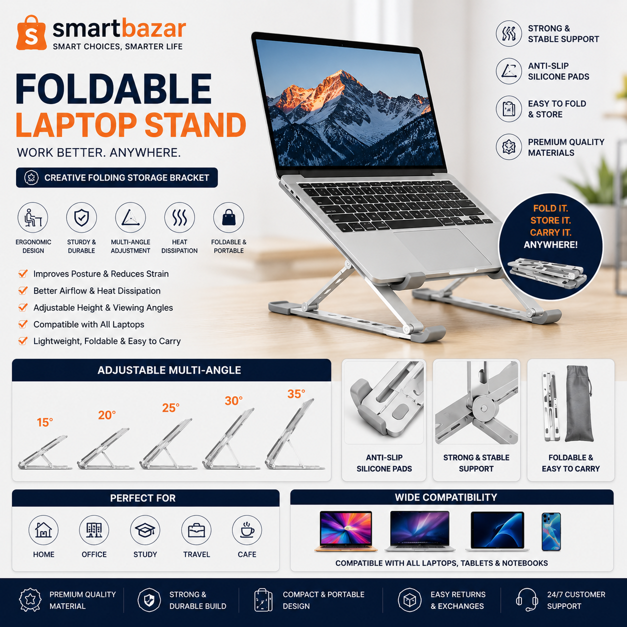 Plastic Foldable & Portable Laptop Stand | Lightweight Adjustable Laptop Holder | High-Quality ABS