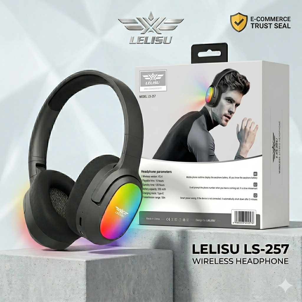 Lelisu LS-257 Wireless Stereo Headphones | Bluetooth 5.4 Over-Ear Headset with Type-C Charging & LED Lights