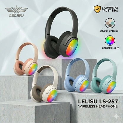 Lelisu LS-257 Wireless Stereo Headphones | Bluetooth 5.4 Over-Ear Headset with Type-C Charging & LED Lights
