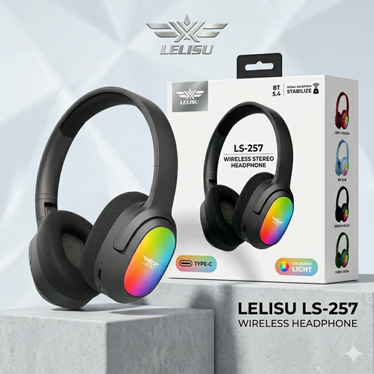 Lelisu LS-257 Wireless Stereo Headphones | Bluetooth 5.4 Over-Ear Headset with Type-C Charging & LED Lights