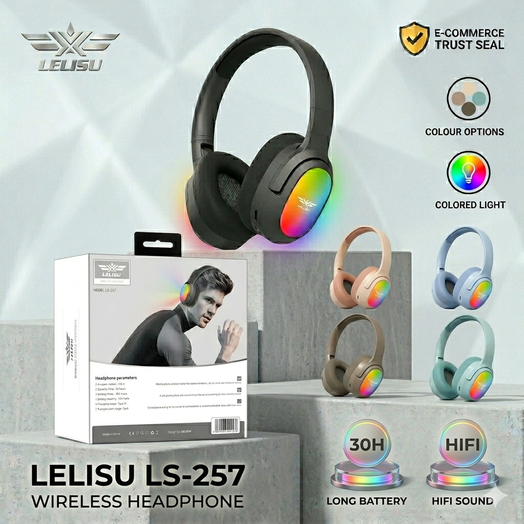 Lelisu LS-257 Wireless Stereo Headphones | Bluetooth 5.4 Over-Ear Headset with Type-C Charging & LED Lights