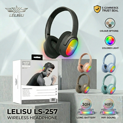 Lelisu LS-257 Wireless Stereo Headphones | Bluetooth 5.4 Over-Ear Headset with Type-C Charging & LED Lights