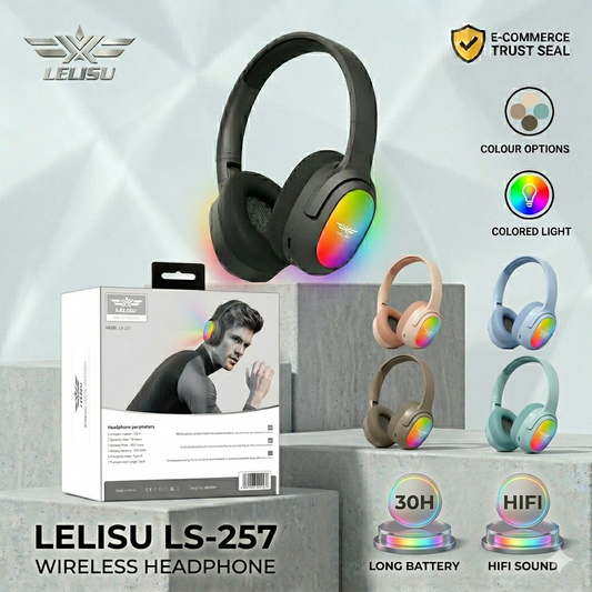 Lelisu LS-257 Wireless Stereo Headphones | Bluetooth 5.4 Over-Ear Headset with Type-C Charging & LED Lights