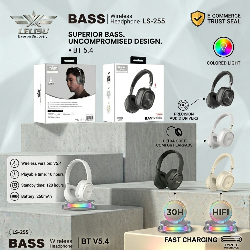 Lelisu LS-255 Bass Wireless Headphones | Bluetooth Over-Ear Headset with Type-C Interface