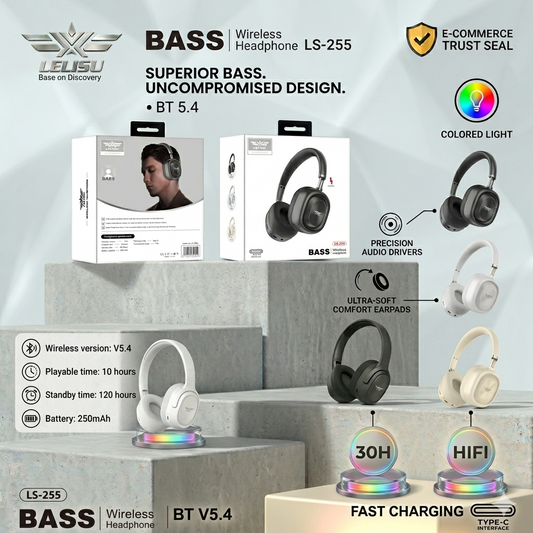 Lelisu LS-255 Bass Wireless Headphones | Bluetooth Over-Ear Headset with Type-C Interface