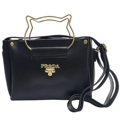 Black Elegant Cat Handle Handbag for Girls & Ladies | Stylish Shoulder & Crossbody Bag with Gold Accents | Adjustable Strap Elegant Cat Han