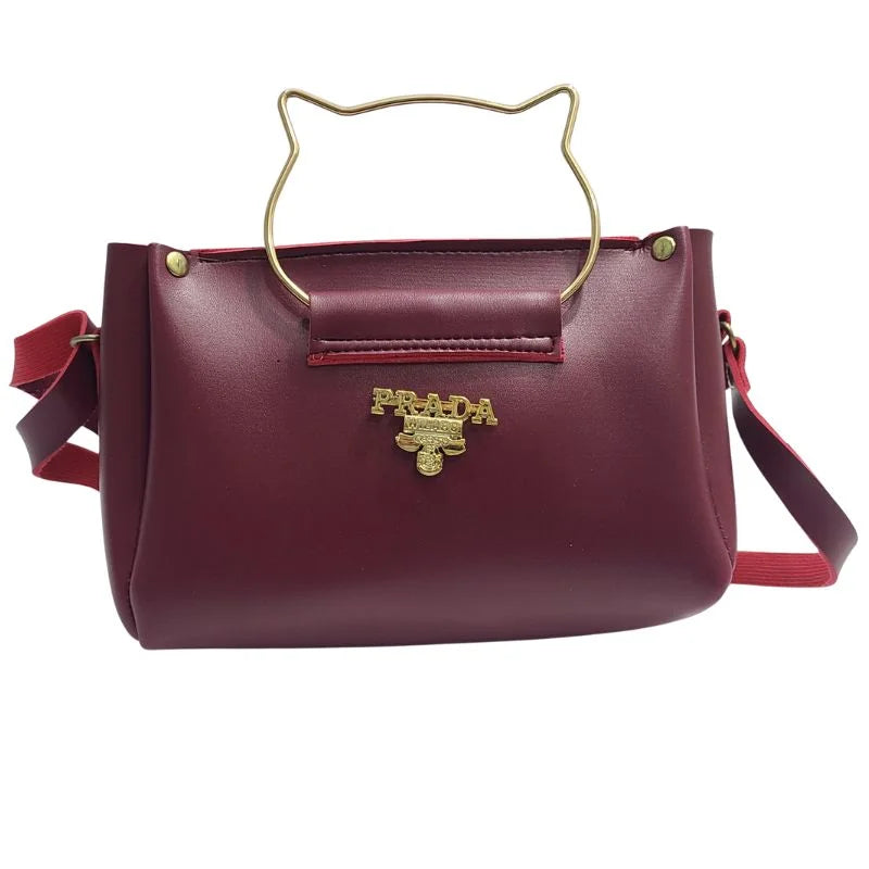 Maroon Elegant Cat Handle Handbag for Girls & Ladies | Stylish Shoulder & Crossbody Bag with Gold Accents | Adjustable Strap Elegant Cat Handle Handbag for Girls